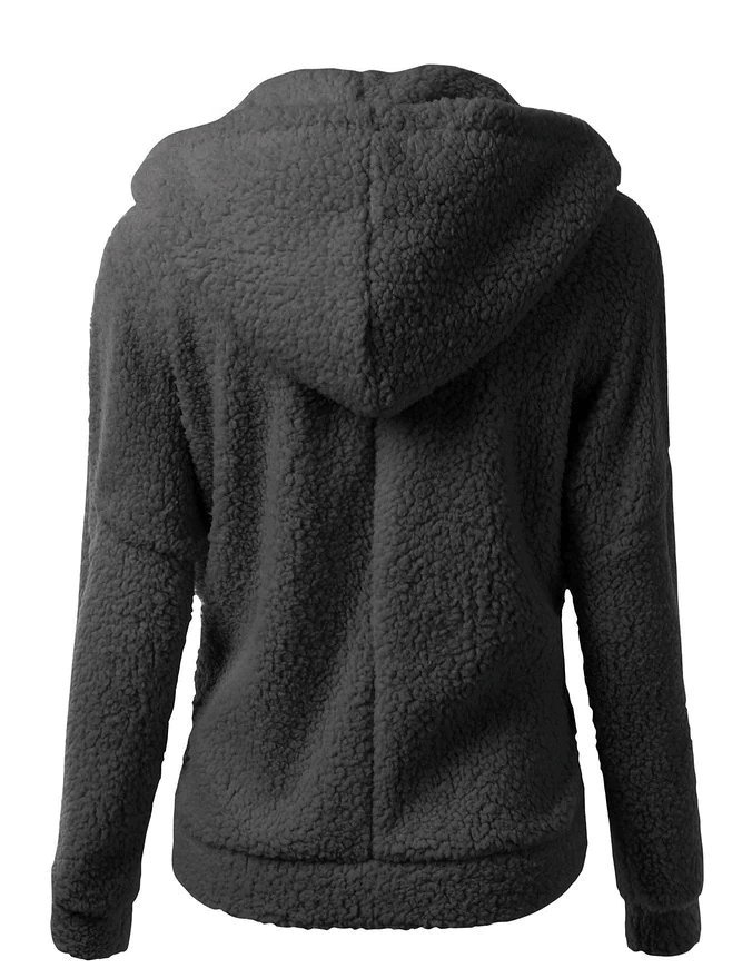 Back view of dark gray women's fleece jacket with hood, zip-up style, cozy fabric, perfect for casual winter wear.